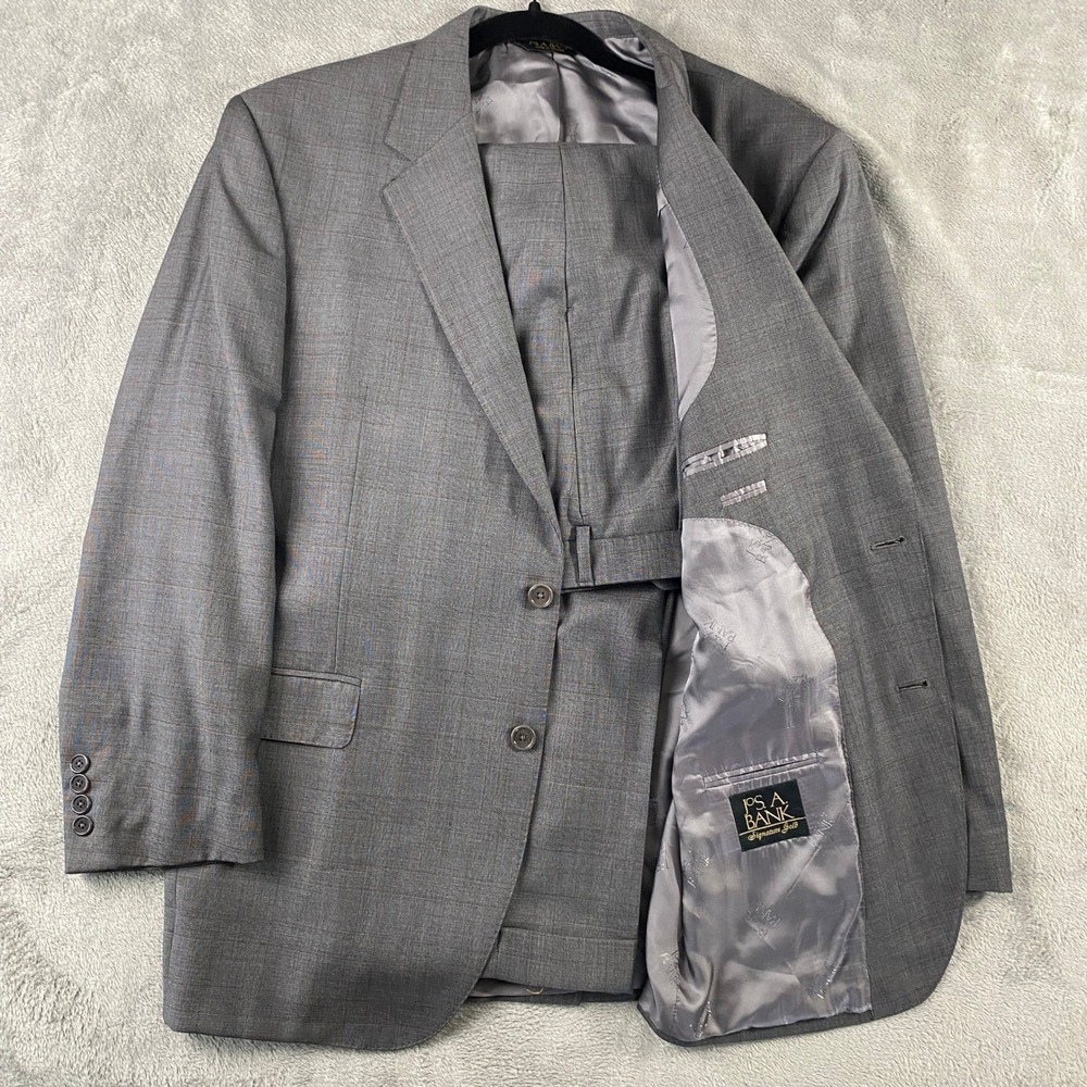 Jos. A. Bank Suit Mens 44R 36W Gray Signature Gold Wool Glen Plaid 2-Piece Set